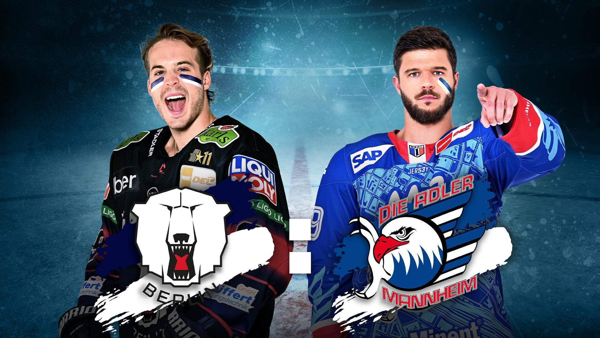 Werbegrafik mit Spielern von den Eisbären Berlin und Adler Mannheim mit Vereinslogos.